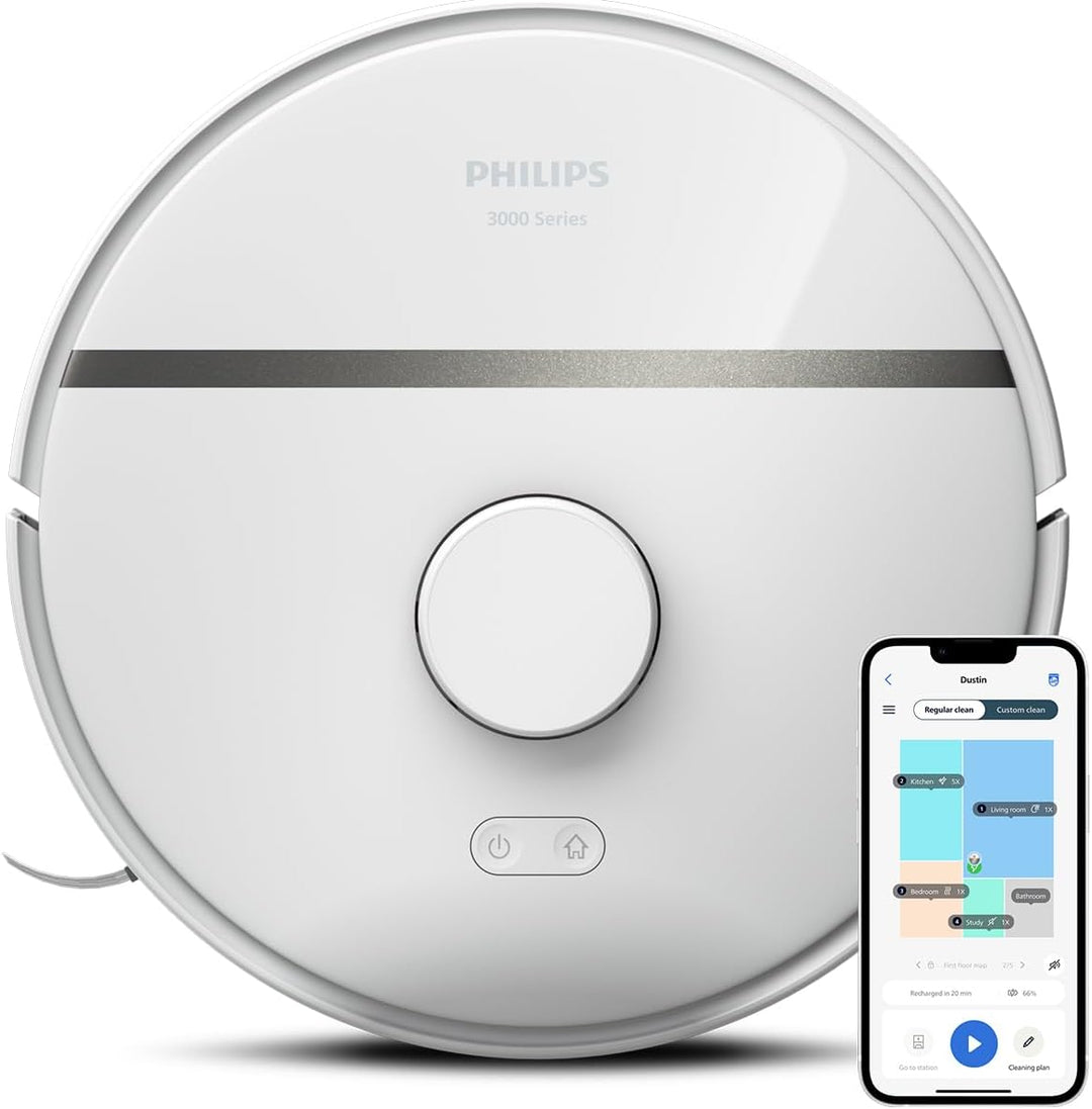 Philips HomeRun 3000-serie robotstofzuiger met dweilfunctie, ultrasterke zuigkracht (4000 Pa), intelligente lasernavigatie, 200 minuten accuduur, voor tapijten en dierenharen, App, wit, XU3000/02