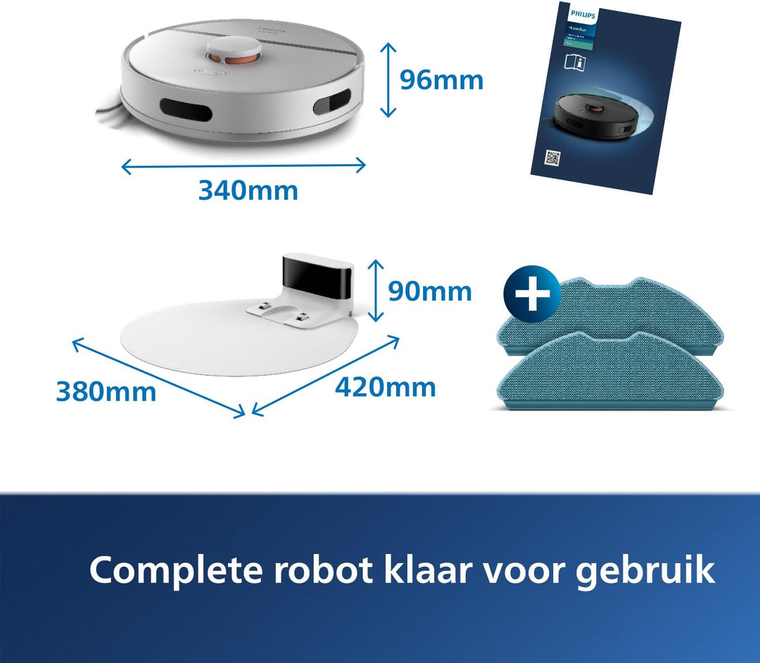 Philips HomeRun 3000-serie robotstofzuiger met dweilfunctie, ultrasterke zuigkracht (4000 Pa), intelligente lasernavigatie, 200 minuten accuduur, voor tapijten en dierenharen, App, wit, XU3000/02
