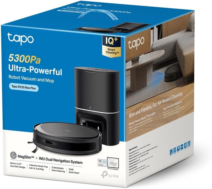 Tapo RV20 Max Plus Robotstofzuiger met dweilfunctie en automatisch afzuigstation, 5300Pa ultrasterke zuigkracht, 83 mm ultraslank, compatibel met Alexa en Google Assistant spraakbediening, app