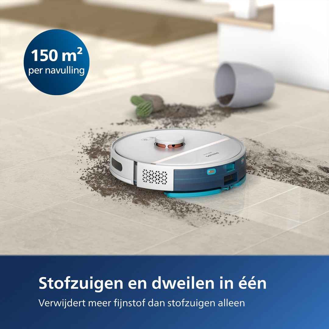 Philips HomeRun 3000-serie robotstofzuiger met dweilfunctie, ultrasterke zuigkracht (4000 Pa), intelligente lasernavigatie, 200 minuten accuduur, voor tapijten en dierenharen, App, wit, XU3000/02