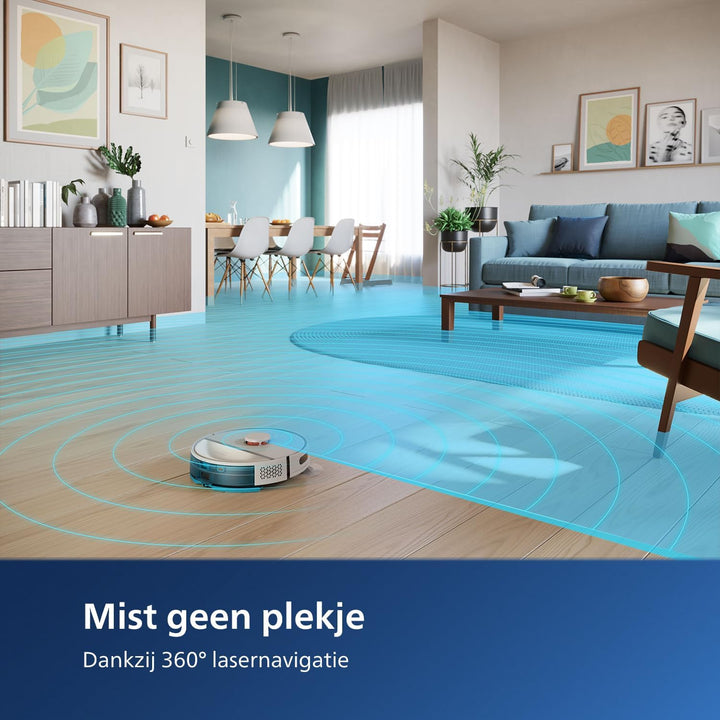 Philips HomeRun 3000-serie robotstofzuiger met dweilfunctie, ultrasterke zuigkracht (4000 Pa), intelligente lasernavigatie, 200 minuten accuduur, voor tapijten en dierenharen, App, wit, XU3000/02