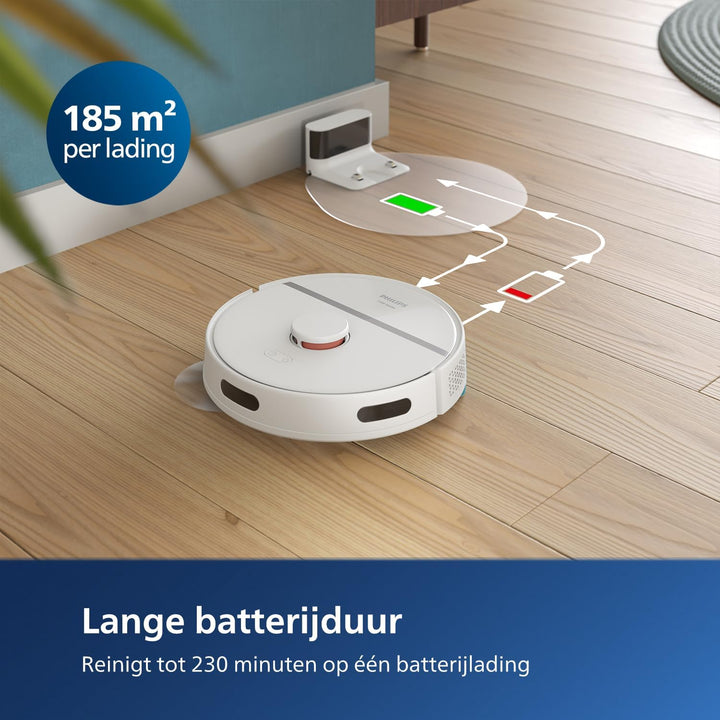 Philips HomeRun 3000-serie robotstofzuiger met dweilfunctie, ultrasterke zuigkracht (4000 Pa), intelligente lasernavigatie, 200 minuten accuduur, voor tapijten en dierenharen, App, wit, XU3000/02
