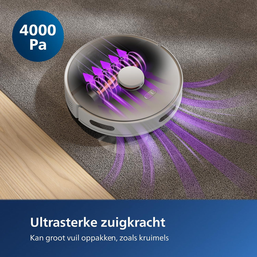 Philips HomeRun 3000-serie robotstofzuiger met dweilfunctie, ultrasterke zuigkracht (4000 Pa), intelligente lasernavigatie, 200 minuten accuduur, voor tapijten en dierenharen, App, wit, XU3000/02